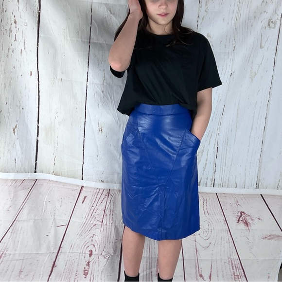 RETRO vintage Wilson's cobalt blue leather pencil skirt 80's size XS POCKETS - Picture 2 of 9